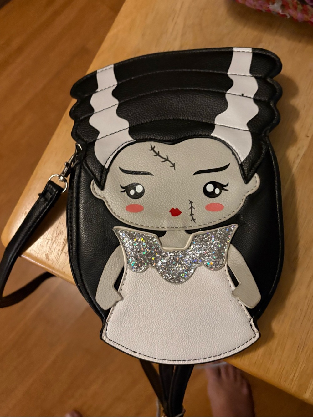 Sleepyville Critters Bride of Frankenstein Black White Crossbody Zip Strap